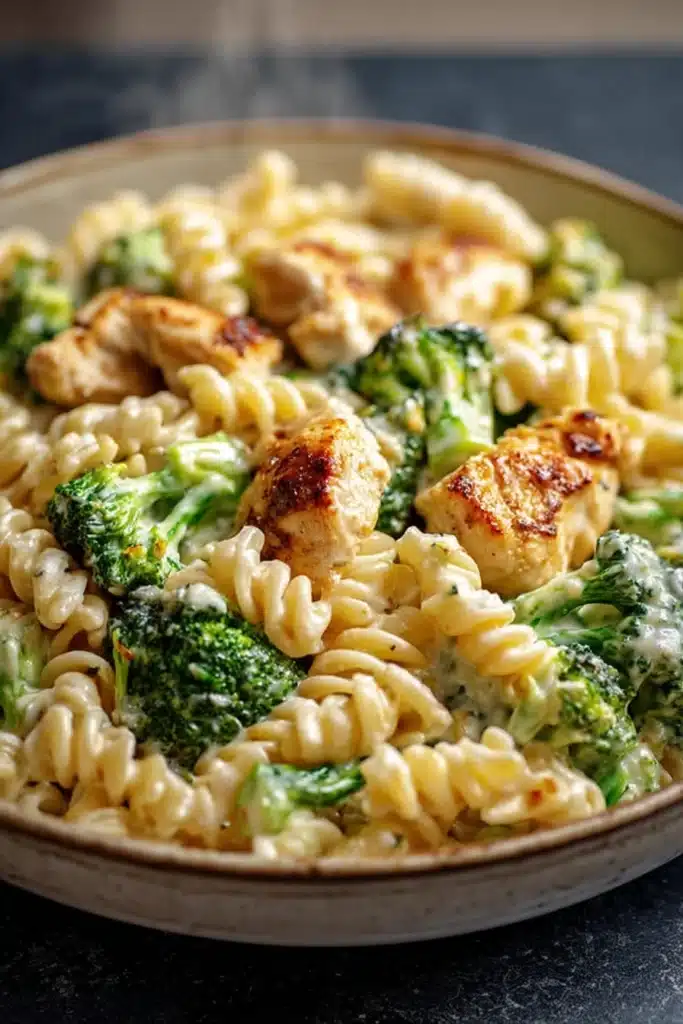Rotisserie Chicken Broccoli Pasta: Creamy, Quick, and Perfect for Busy Lunches 1 creamy rotisserie chicken broccoli pasta with cheese sauce in bowl