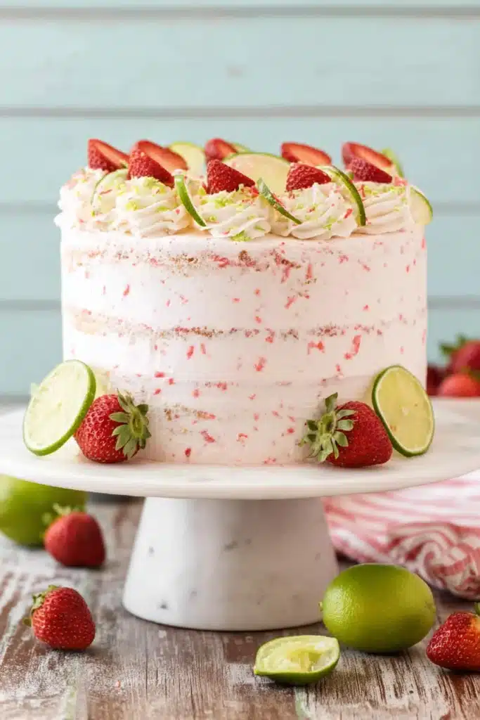 Strawberry Margarita Layer Cake 1 Strawberry margarita layer cake with lime slices and fresh strawberries on top