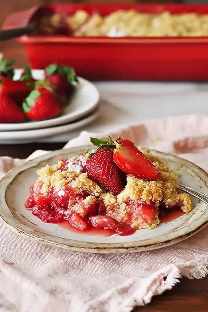 Strawberry Rhubarb Dump Cake 1 Strawberry rhubarb dump cake with crumb topping and fresh strawberries on plate