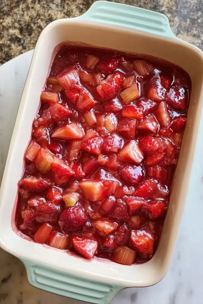 Strawberry rhubarb compote on spoon with glossy fruit texture