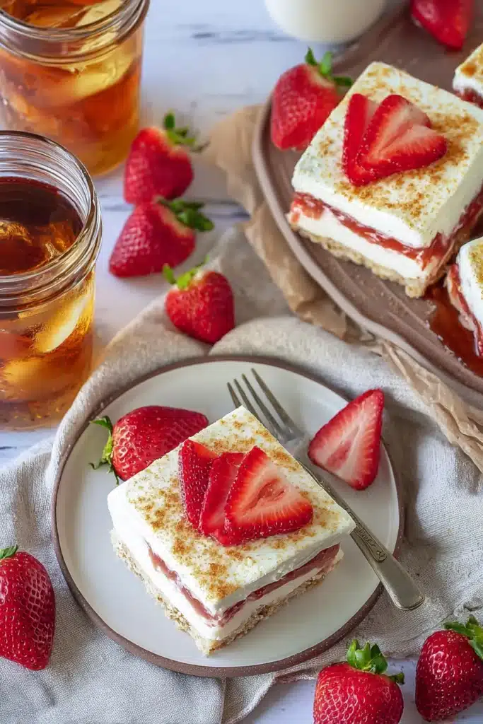 Strawberry Rhubarb Pudding Dessert 1 Strawberry rhubarb pudding dessert bars with creamy topping and fresh strawberry garnish