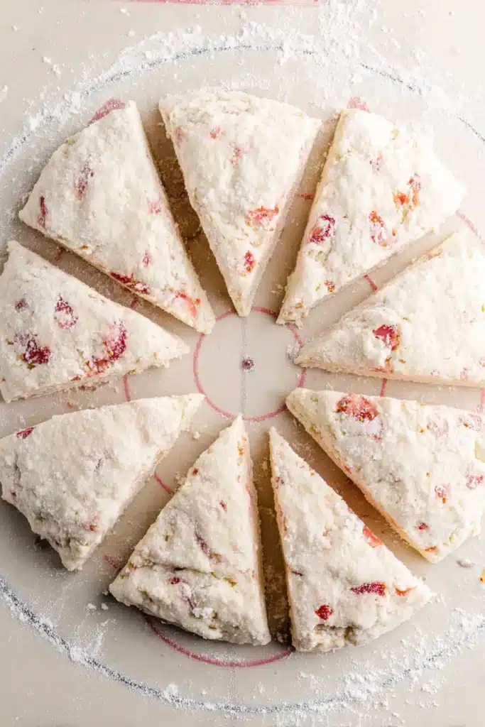 Strawberry Rhubarb Scones 3 Strawberry Rhubarb Scones dough cut into wedges before baking