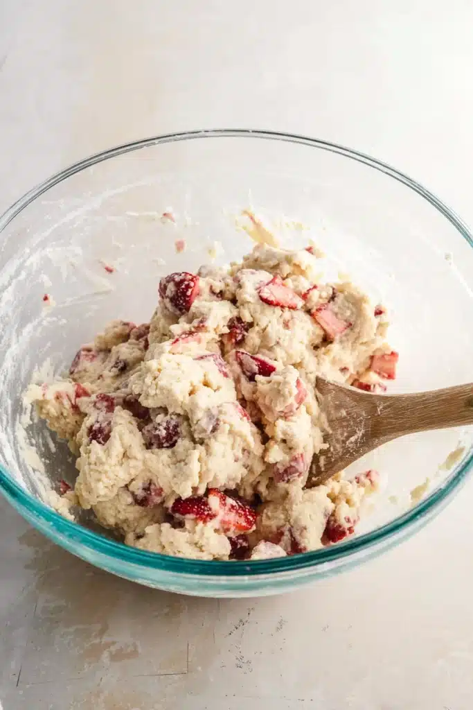 Strawberry Rhubarb Scones 2 Strawberry Rhubarb Scones dough mixed in glass bowl with fresh fruit