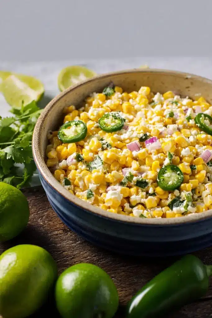 Street corn salad with creamy dressing, cilantro, cheese, and lime in a bowl