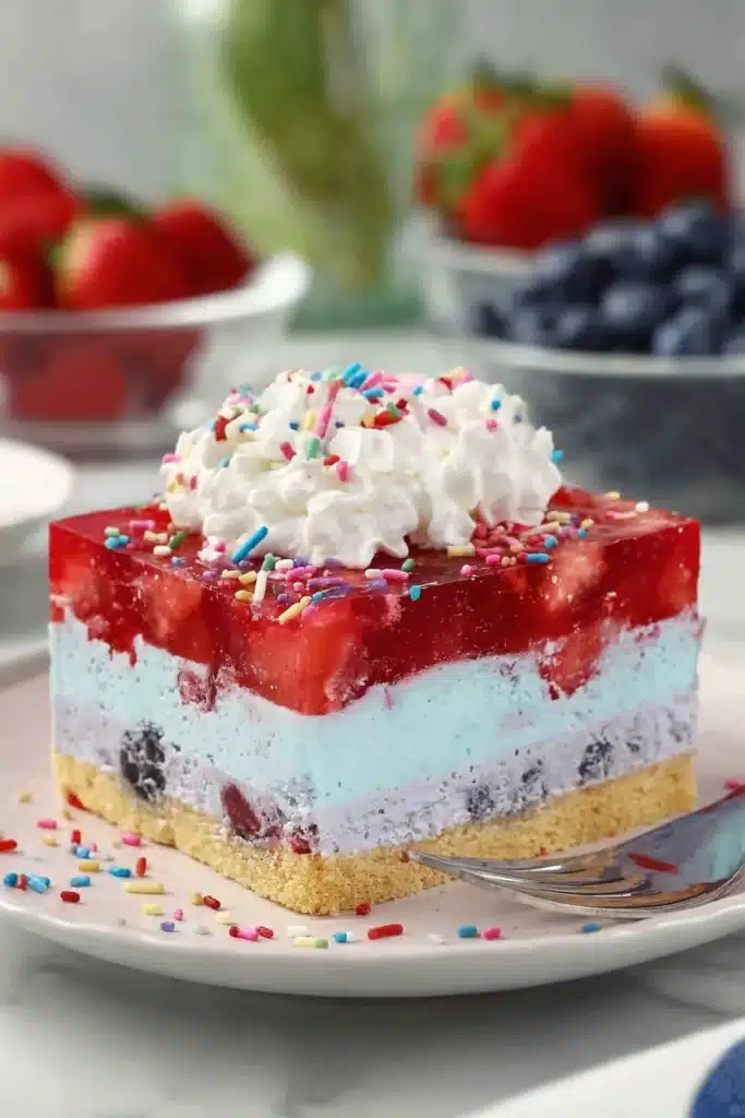 Summer Berry Jello Lasagna 1 Summer berry jello lasagna slice with whipped cream and fresh strawberries on a plate