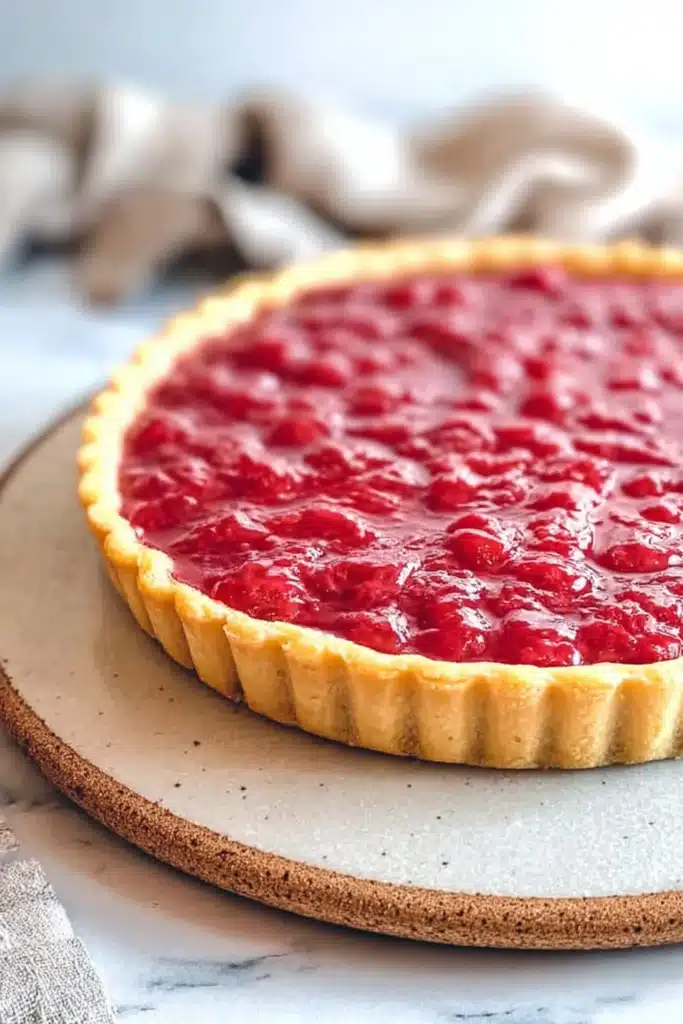 Sweet Rhubarb Custard Tart 1 Sweet rhubarb custard tart with glossy red filling and golden crust on marble surface