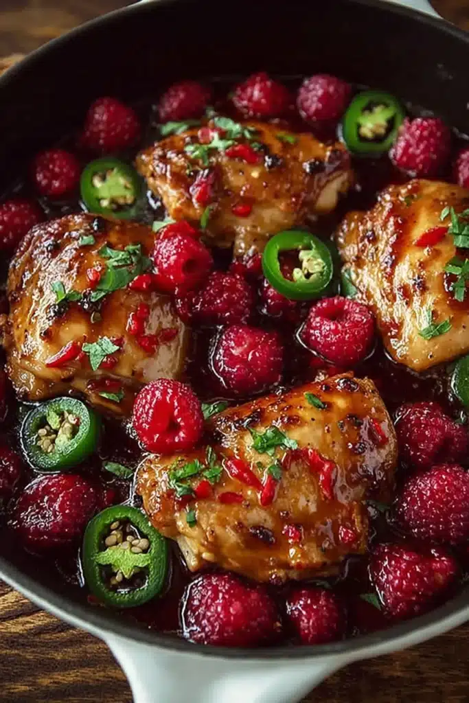 Sweet and spicy raspberry chicken with glazed sauce, fresh raspberries, and jalapeño slices in skillet