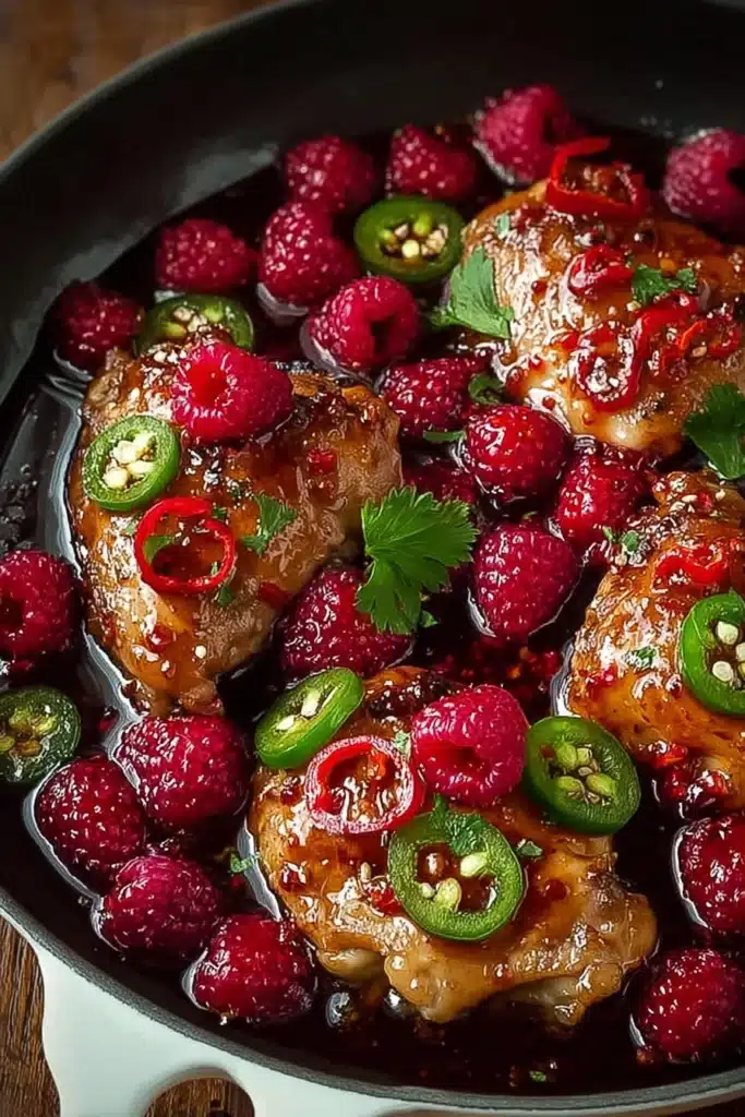 Sweet and Spicy Raspberry Chicken with glossy sauce and fresh raspberries in skillet