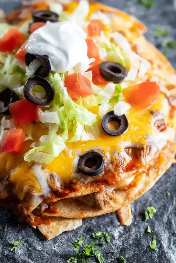 Taco Bell Mexican Pizza with melted cheese, beef, and fresh toppings