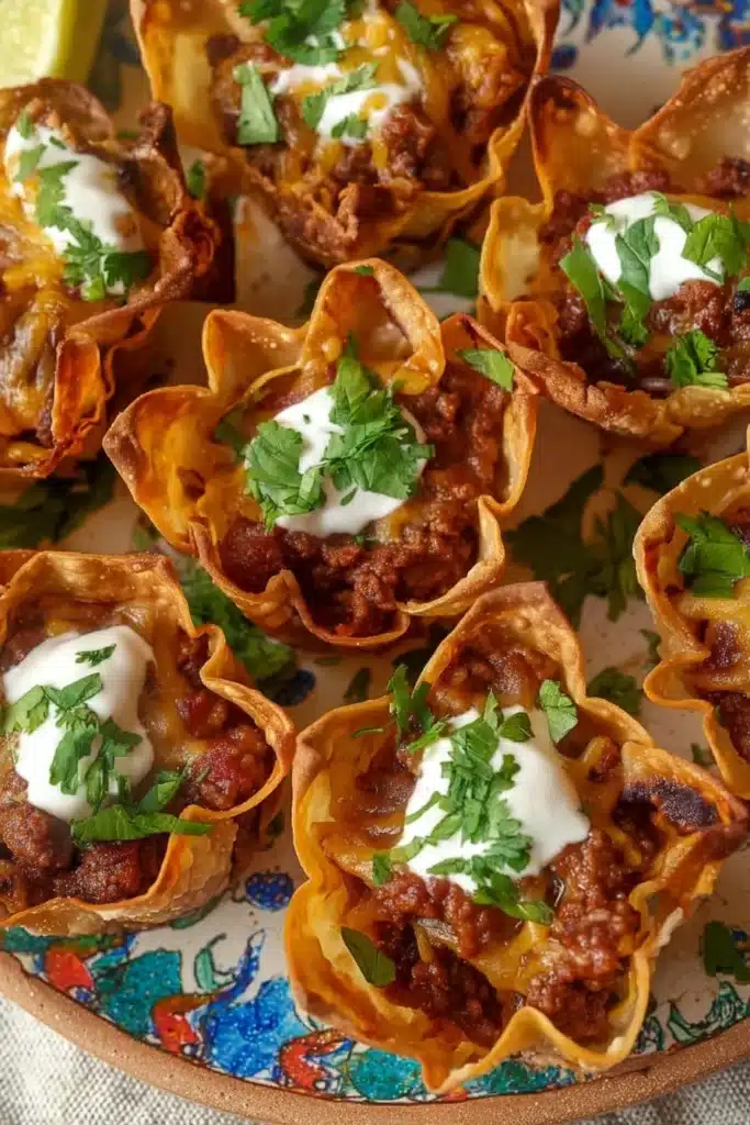 Taco Ranch Bites: The Ultimate Easy Party Appetizer 1 Crispy taco ranch bites with beef, cheese, and creamy sauce on a rustic plate