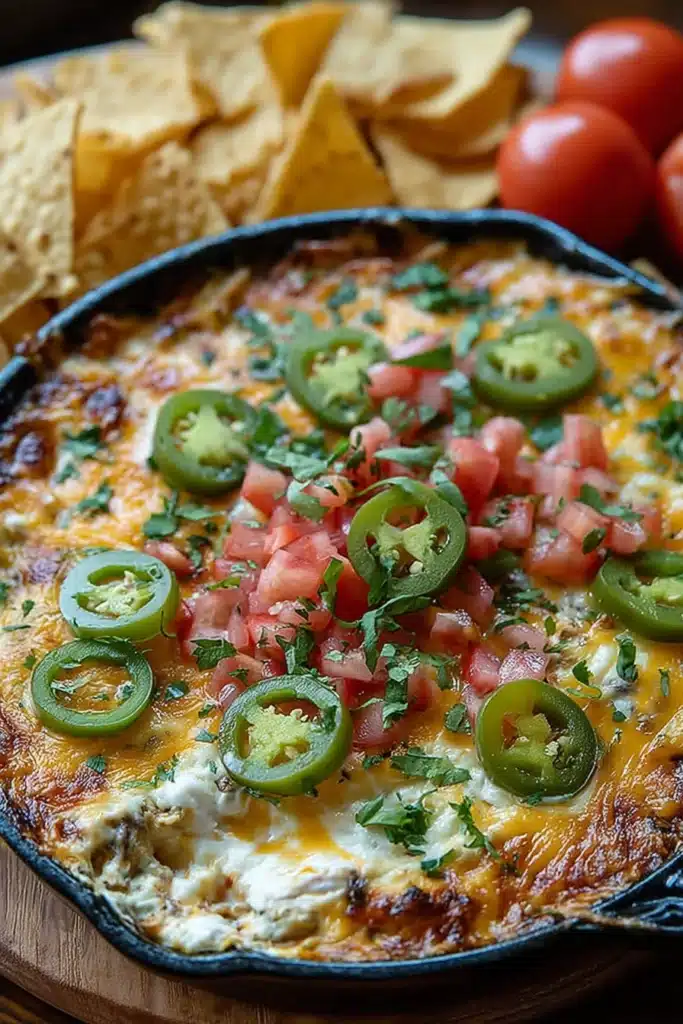 Texas Trash Dip Recipe: Easy, Cheesy Party Favorite 1 Texas Trash Dip with melted cheese, jalapeños, and tomatoes in a skillet