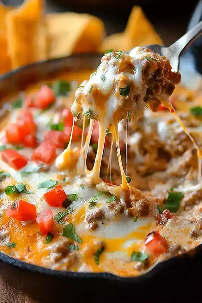 Texas Trash Dip Recipe: Easy, Cheesy Party Favorite 2 Texas Trash Dip with stretchy melted cheese being scooped from skillet