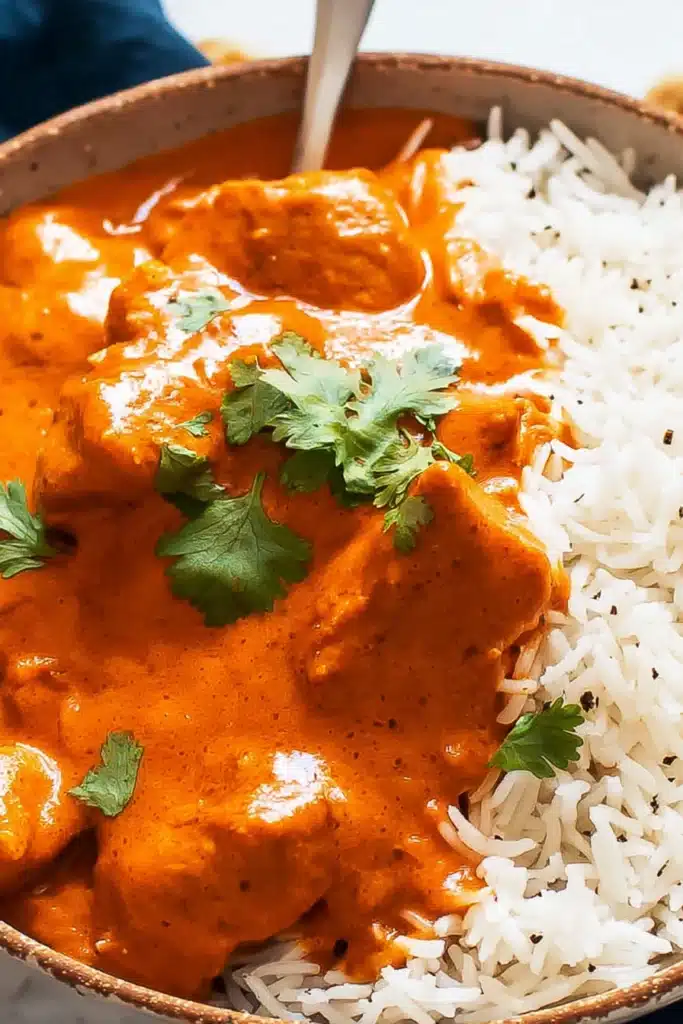 The Best Butter Chicken Recipe You’ll Ever Make at Home 1 The Best Butter Chicken served with basmati rice and cilantro