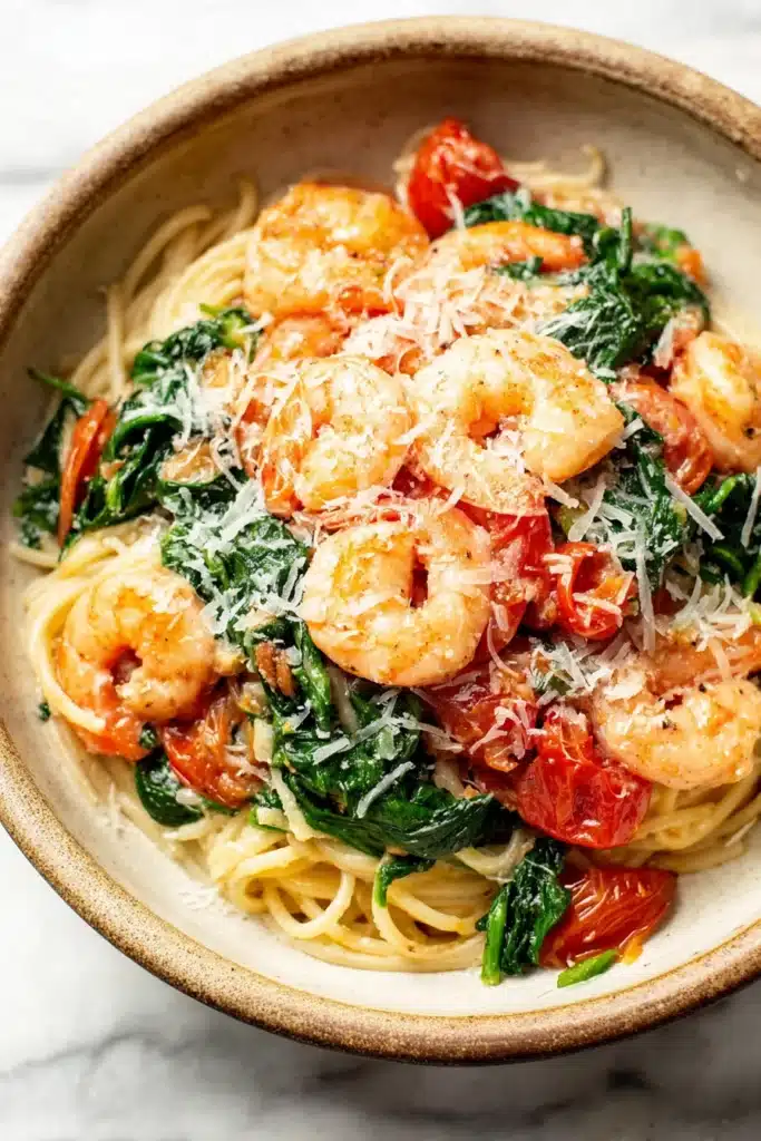 Tomato Spinach Shrimp Pasta 1 Tomato spinach shrimp pasta with parmesan, cherry tomatoes, and fresh spinach in a bowl