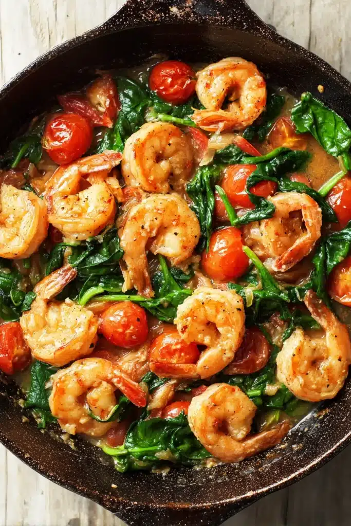 Tomato Spinach Shrimp Pasta 2 Tomato Spinach Shrimp Pasta with sautéed shrimp spinach and tomatoes in skillet