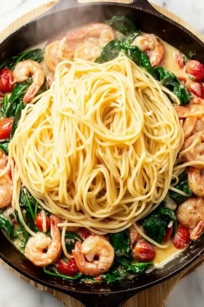 Tomato Spinach Shrimp Pasta 4 Tomato Spinach Shrimp Pasta with spaghetti added to skillet with shrimp and vegetables