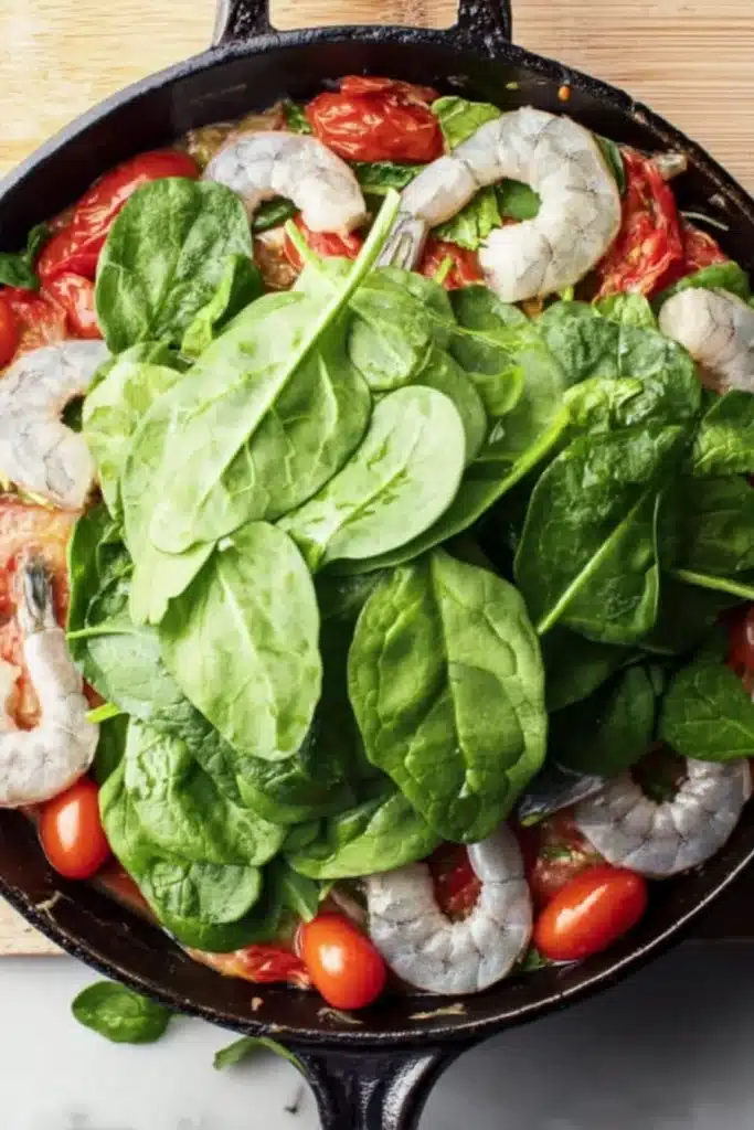 Tomato Spinach Shrimp Pasta 3 Tomato Spinach Shrimp Pasta ingredients with raw shrimp spinach and tomatoes in skillet