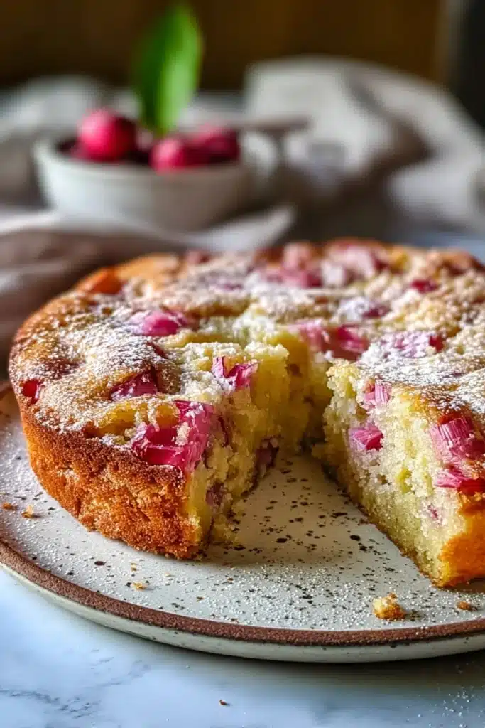 Traditional Norwegian rhubarb cake with powdered sugar and soft fluffy texture