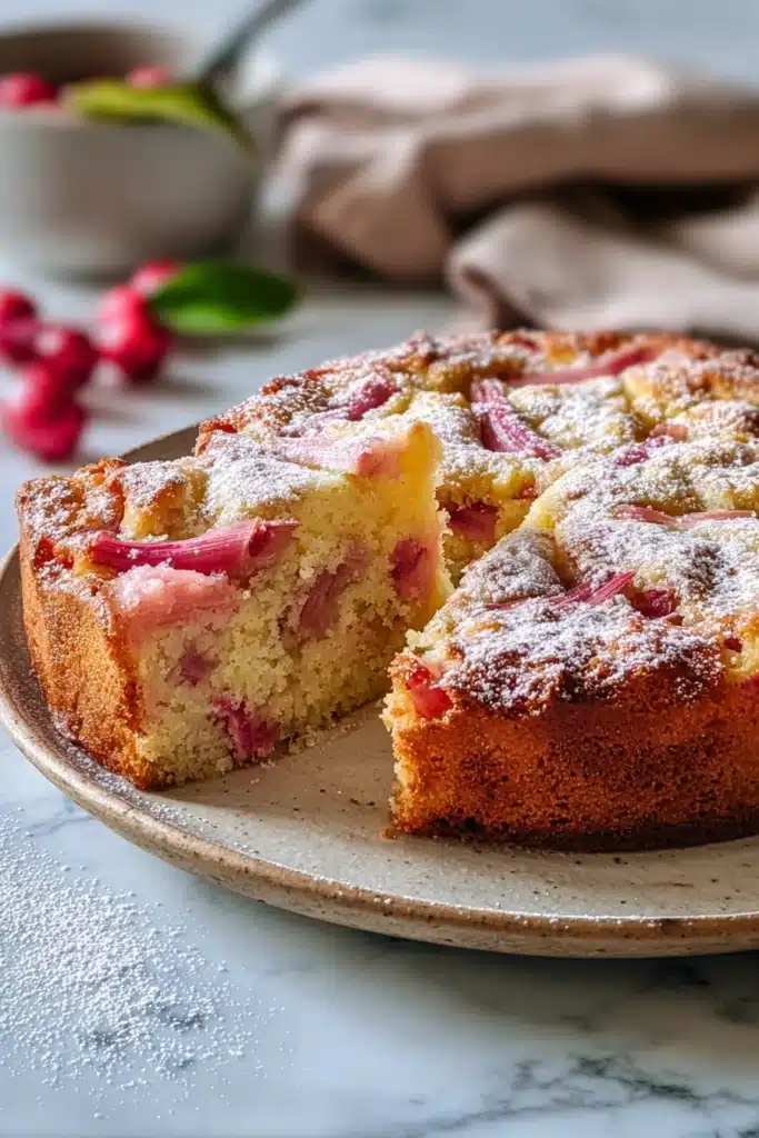 Traditional Norwegian rhubarb cake with powdered sugar and soft fluffy texture