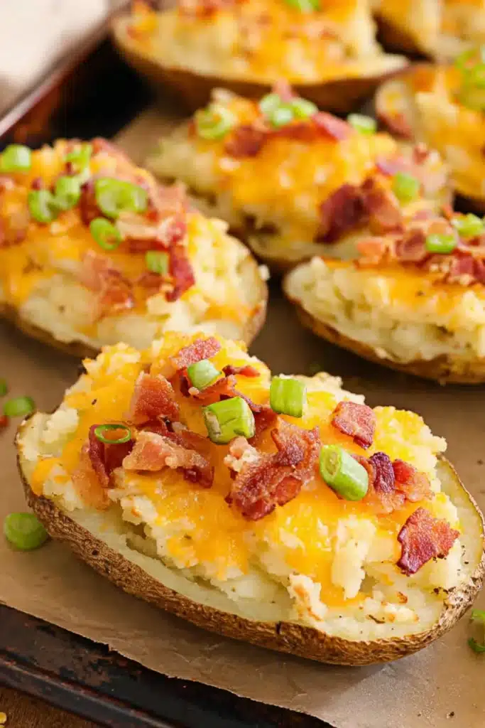 Twice Baked Potatoes Recipe for a Creamy, Cheesy Memorial Day Side 1 Twice baked potatoes with cheese, bacon, and green onions on rustic platter