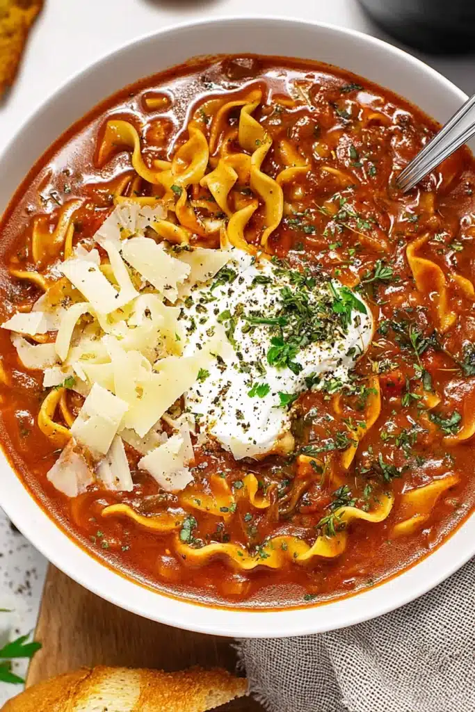 Vegetarian One Pot Lasagna Soup 1 Vegetarian one pot lasagna soup with ricotta, parmesan, and herbs in a white bowl