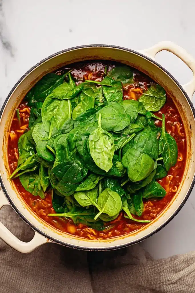 Vegetarian One Pot Lasagna Soup 4 Vegetarian One Pot Lasagna Soup with fresh spinach added on top