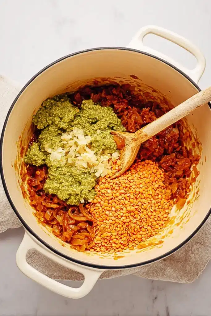 Vegetarian One Pot Lasagna Soup 2 Vegetarian One Pot Lasagna Soup ingredients with lentils and pesto in pot