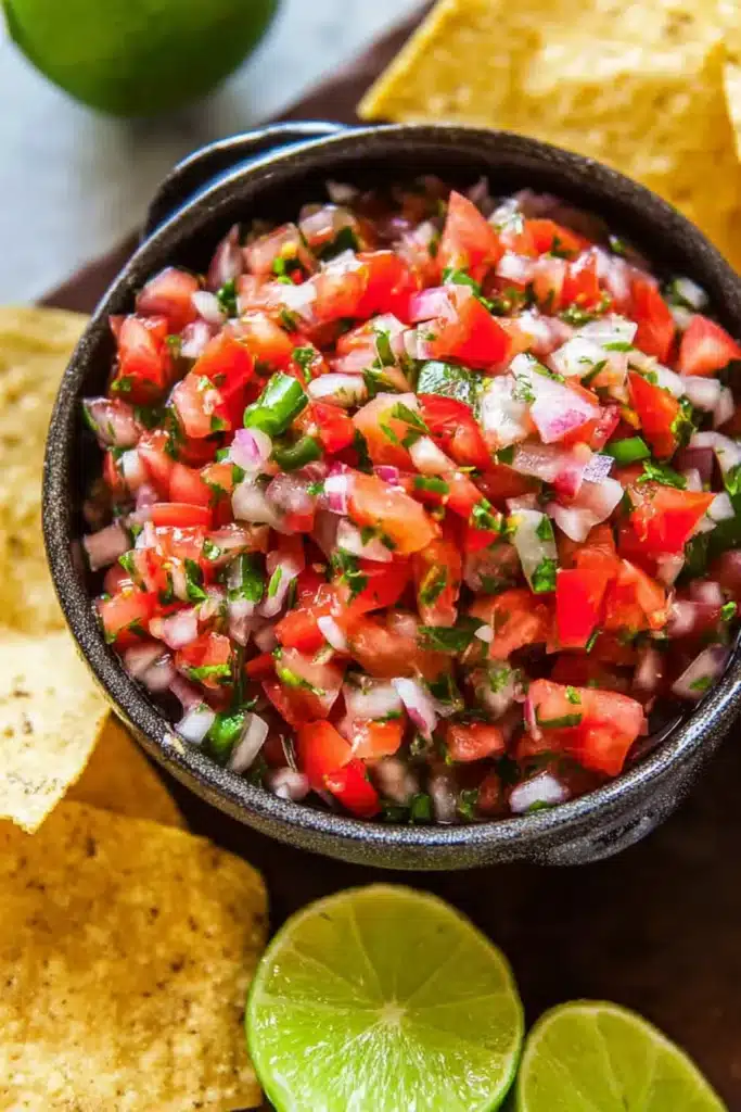 Authentic pico de gallo with fresh tomatoes onion cilantro and tortilla chips