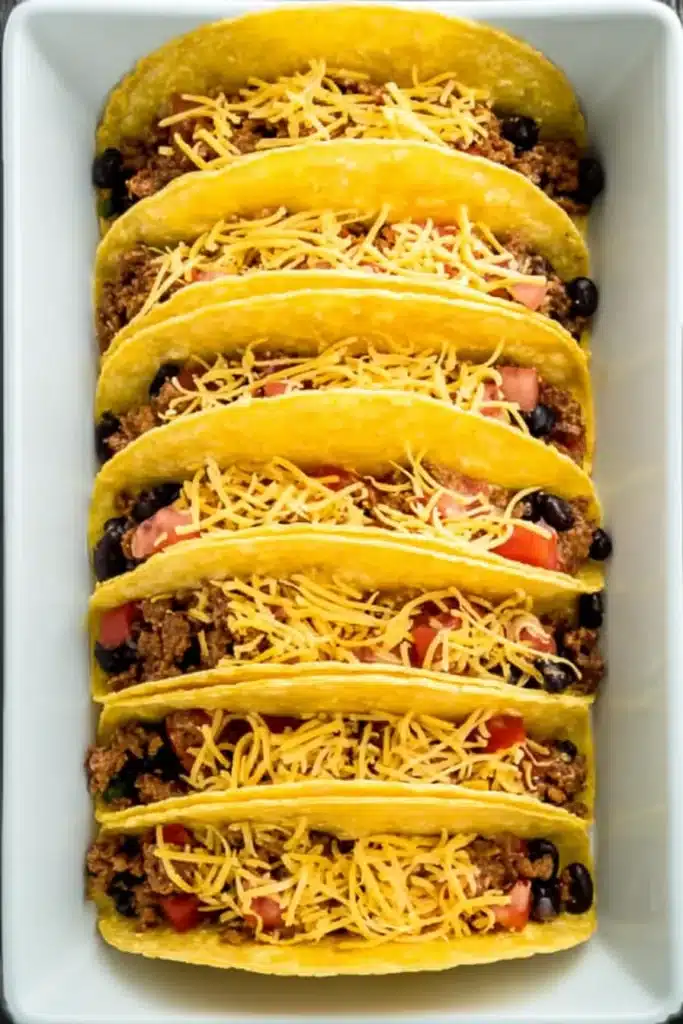 Baked Tacos 3 Unbaked baked tacos with shredded cheese ready for oven