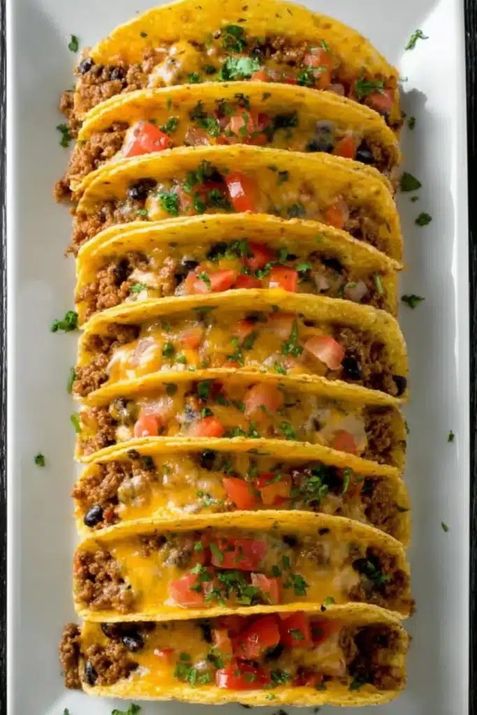 Baked Tacos 4 Baked tacos with melted cheese beef and beans on plate
