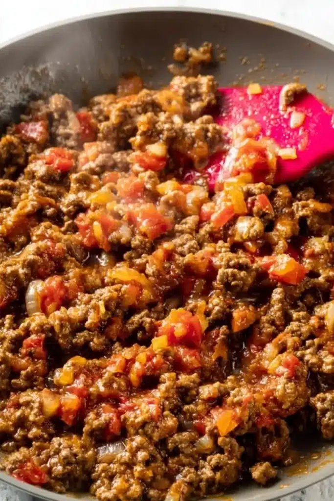 Baked Tacos 2 Baked tacos seasoned ground beef filling cooking in skillet