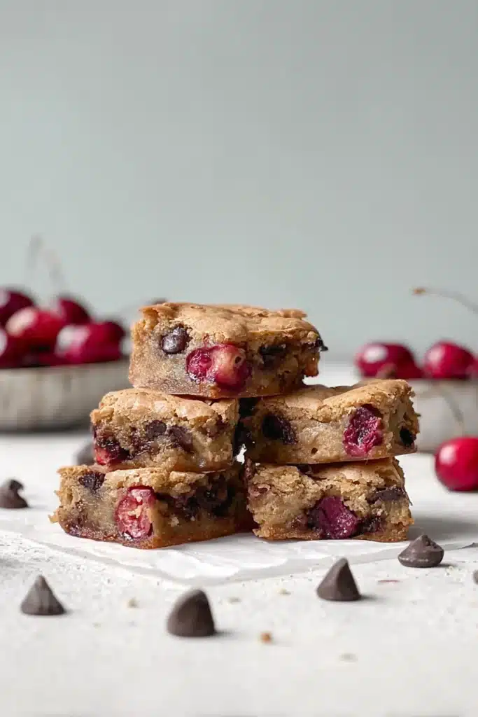 Cherry Chocolate Chip Blondies Recipe Easy and Irresistible Treat 1 cherry chocolate chip blondies stacked with juicy cherries and melted chocolate chips on light surface
