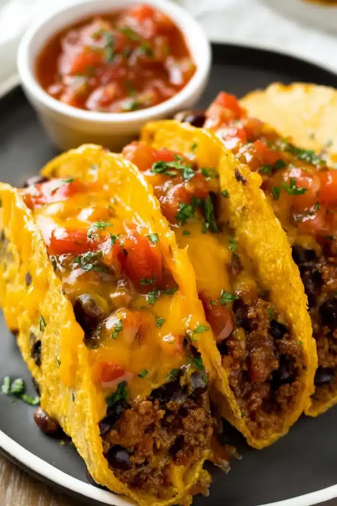 Baked Tacos 1 Crispy baked tacos with melted cheese beef beans and salsa