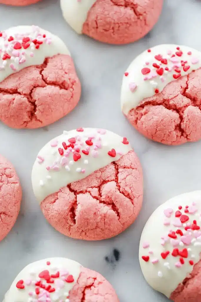 Strawberry Cake Mix Cookies 4 Strawberry Cake Mix Cookies dipped in white chocolate with heart sprinkles