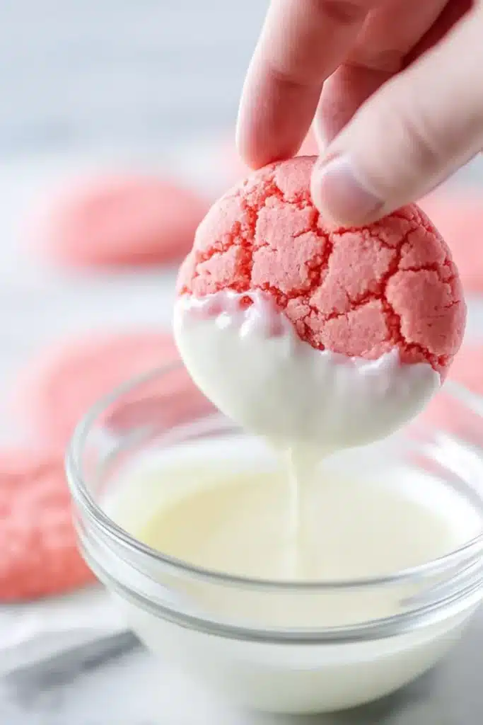 Strawberry Cake Mix Cookies 3 Strawberry Cake Mix Cookies being dipped in white chocolate by hand