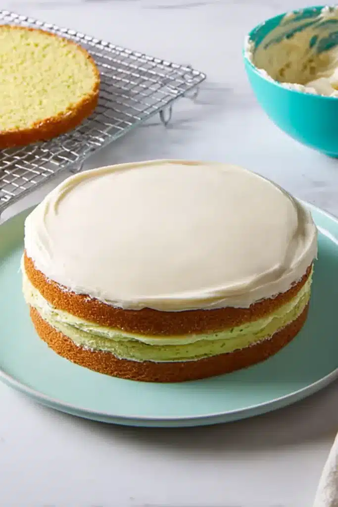 Key Lime Cake 3 Lime cake layers with creamy frosting during assembly