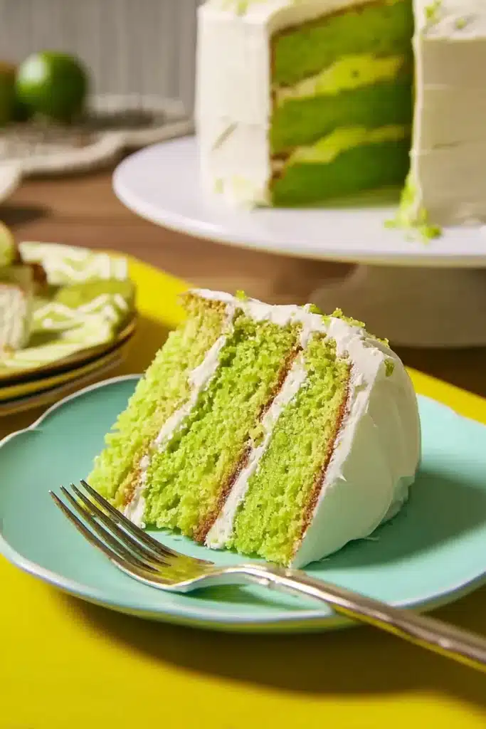 Key Lime Cake 1 Moist lime cake slice with creamy frosting on plate