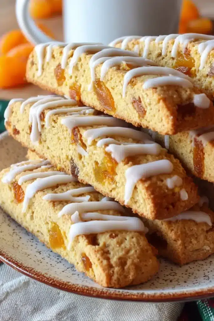 Orange Apricot Biscotti 1 Orange Apricot Biscotti with white glaze showing crisp texture and chewy apricot pieces