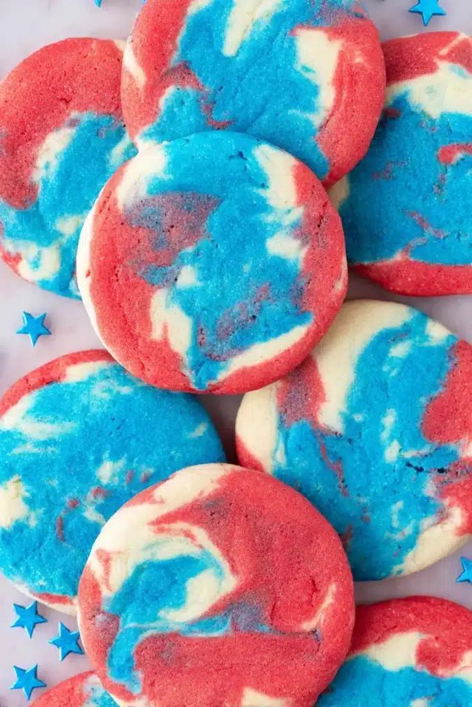 Patriotic Sugar Cookies 2 Patriotic Sugar Cookies with red white and blue marbled design close up