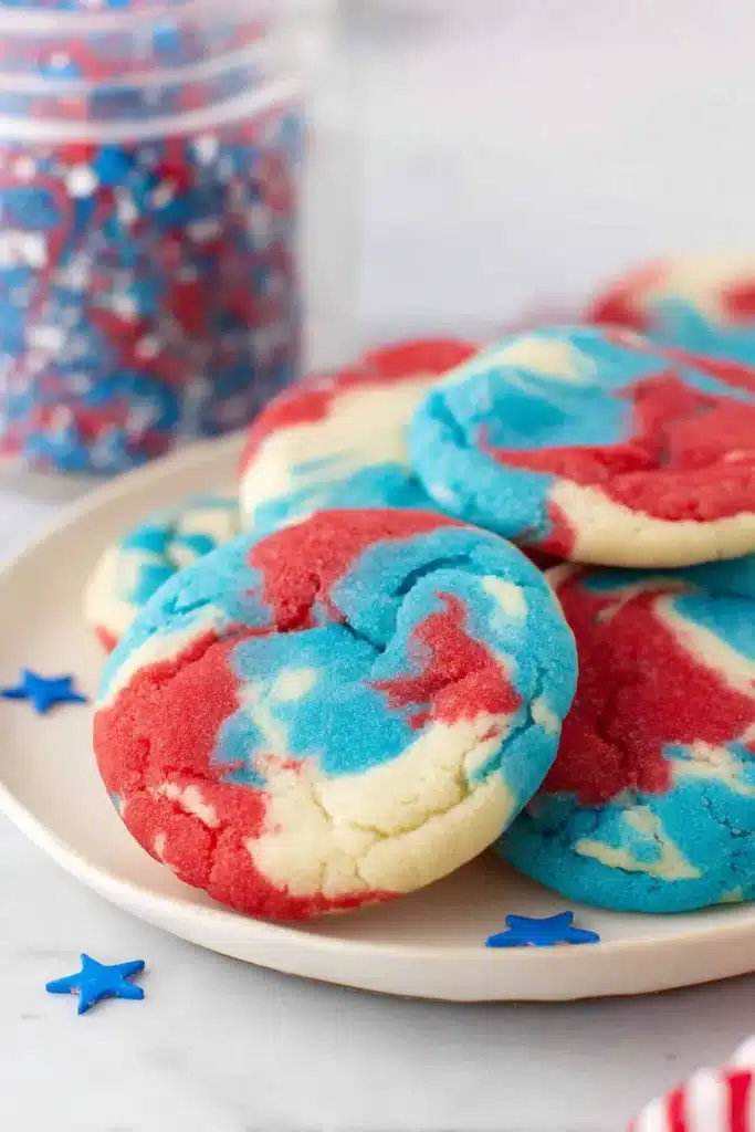 Patriotic Sugar Cookies 1 Patriotic Sugar Cookies with red white and blue swirls on a plate