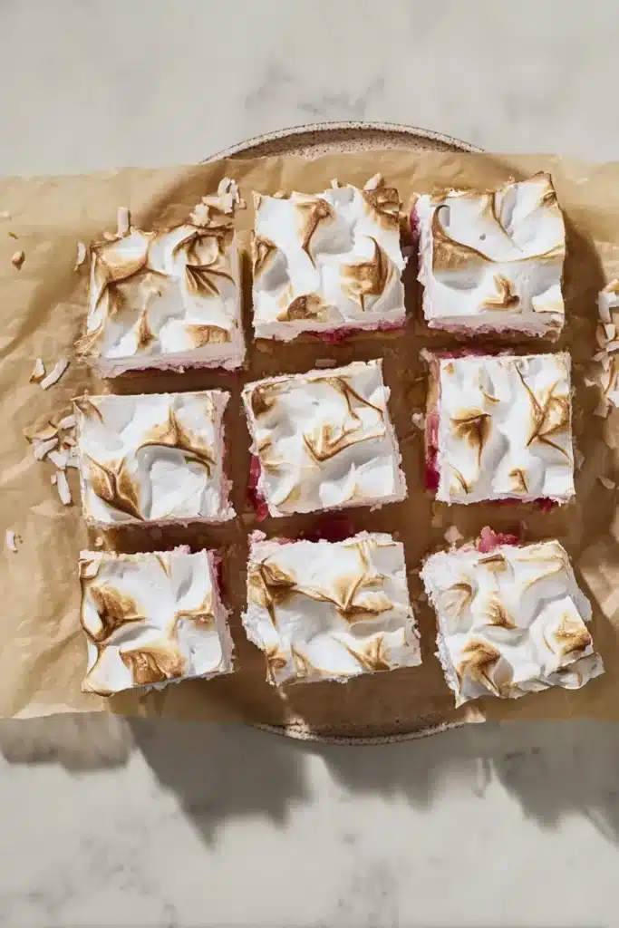 Rhubarb Meringue Dessert Recipe That’s Sweet, Tangy, and Irresistible 1 Rhubarb Meringue Dessert bars with fluffy toasted topping and creamy fruit layers
