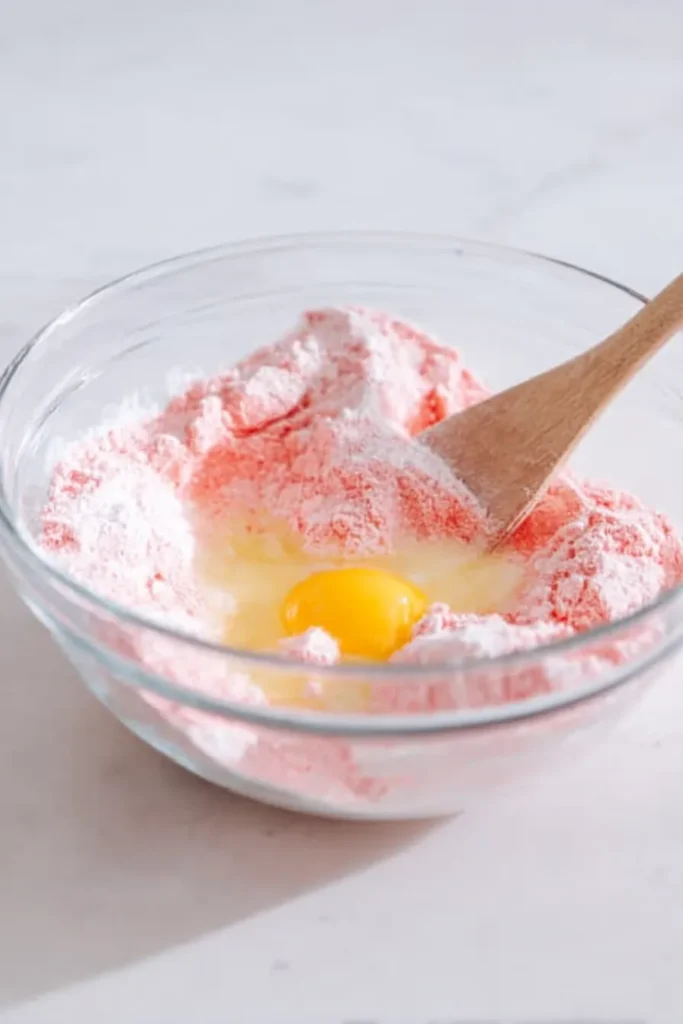 Strawberry Cake Mix Cookies 2 Strawberry Cake Mix Cookies ingredients with eggs and cake mix in bowl