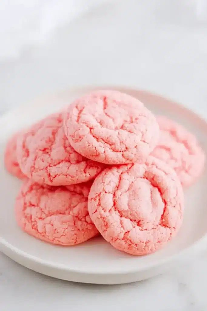Strawberry Cake Mix Cookies 1 Strawberry Cake Mix Cookies stacked on a plate with soft chewy texture