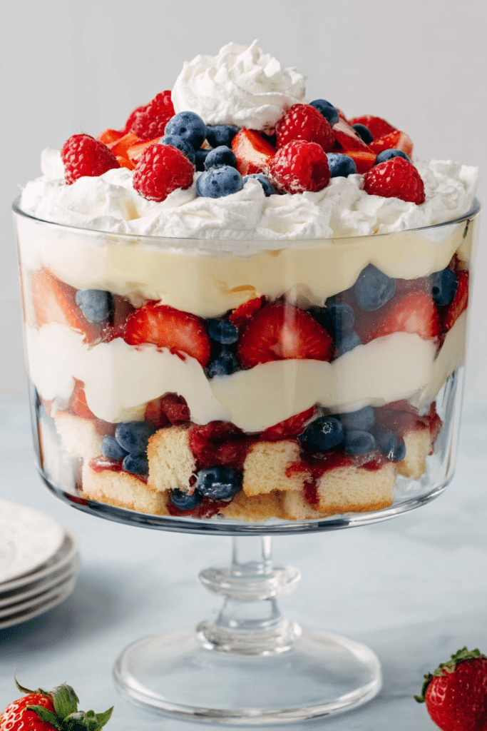 4th of July Trifle 3 4th of July trifle with strawberries, blueberries, cake, and cream in a glass bowl