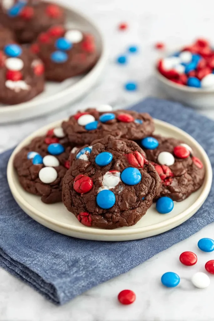 4th of July Cookies 1 4th of July brownie cookies with red white and blue candies on a plate
