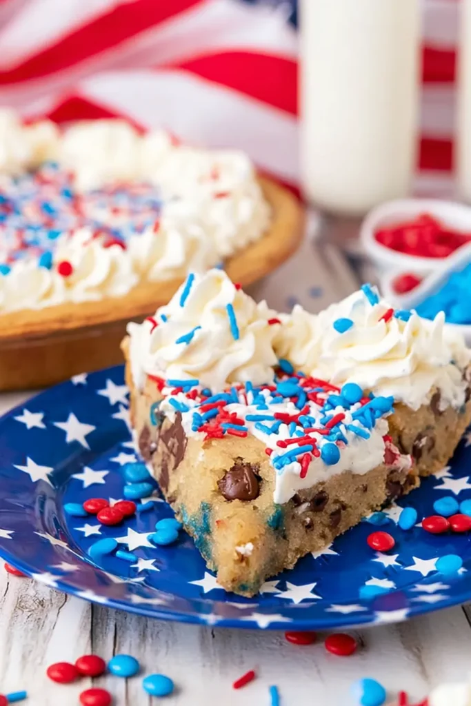 4th of July Cookie Cake dough with patriotic sprinkles and chocolate chips