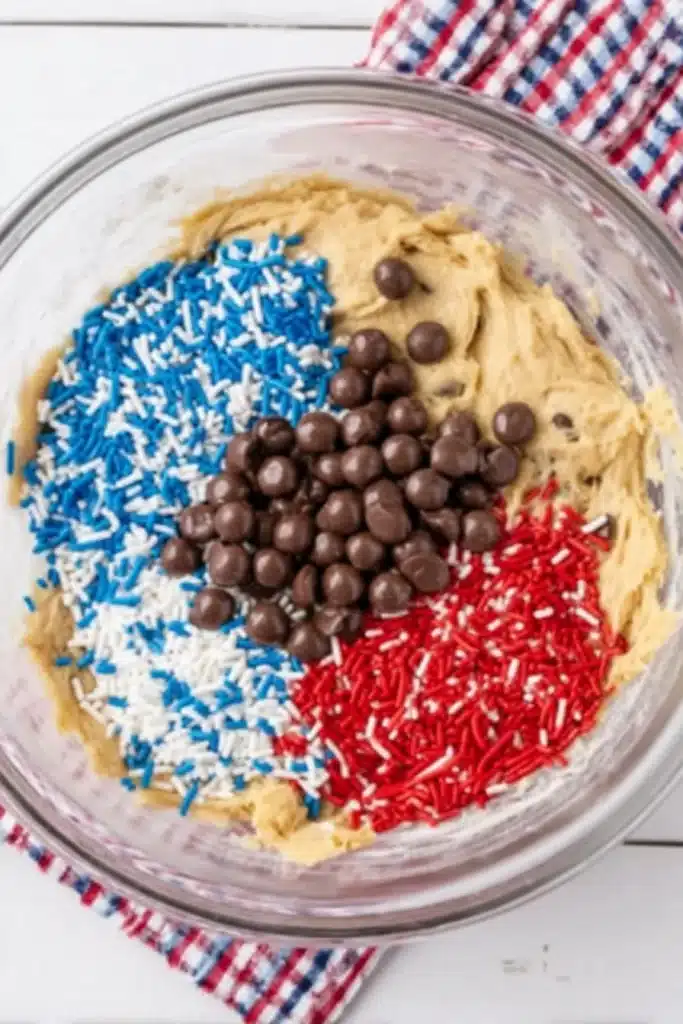 4th of July Cookie Cake slice with patriotic frosting and sprinkles