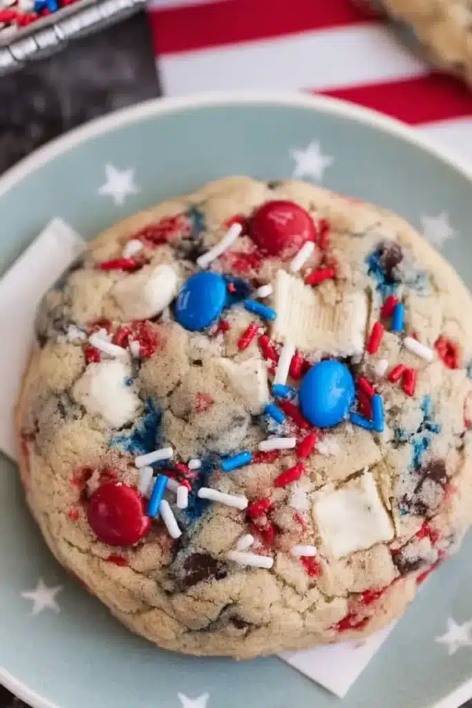 4th of July Cookies Recipe 1 Soft 4th of July Cookies with Oreo chunks, red and blue candy, and festive sprinkles