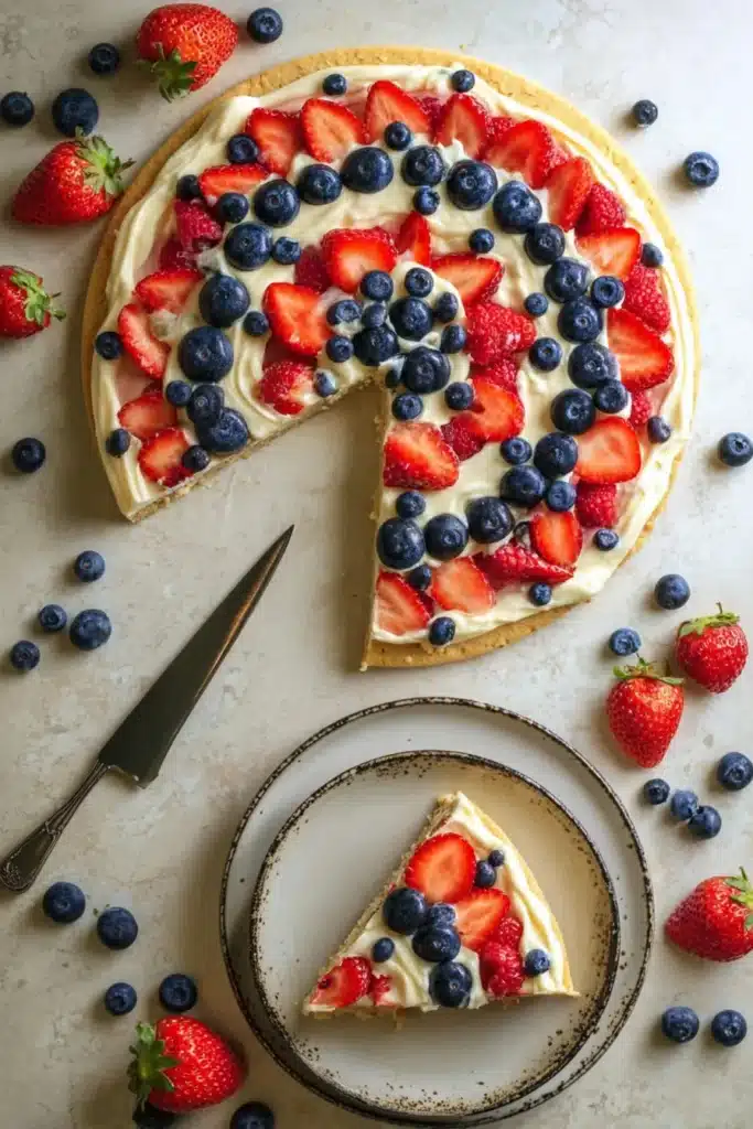4th of July Fruit Pizza 1 4th of July fruit pizza with berries and cream cheese frosting on a cookie crust