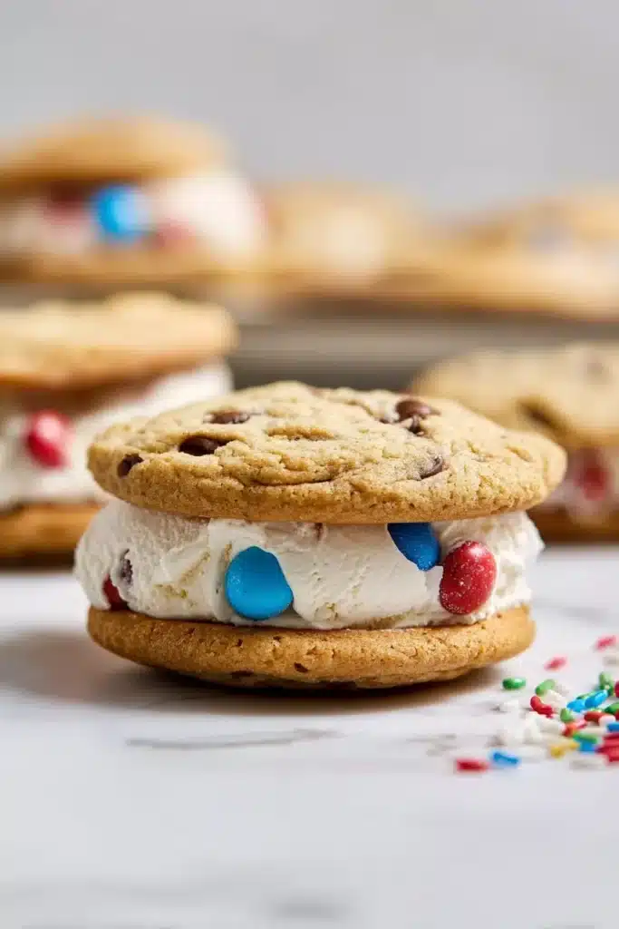4th of July Ice Cream Sandwiches 1 4th of July ice cream sandwich with chewy cookies and vanilla ice cream